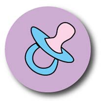 Illustration of a baby pacifier on a circular violet background.